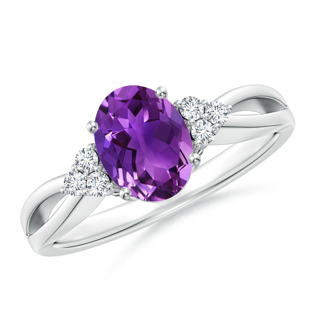 8x6mm AAAA Solitaire Oval Amethyst Split Shank Ring with Trio Diamonds in P950 Platinum