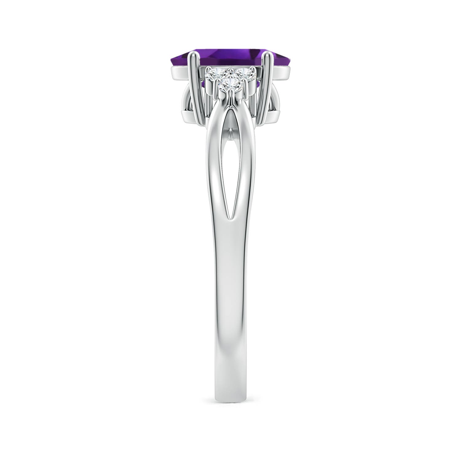8x6mm AAAA Solitaire Oval Amethyst Split Shank Ring with Trio Diamonds in P950 Platinum - side 3