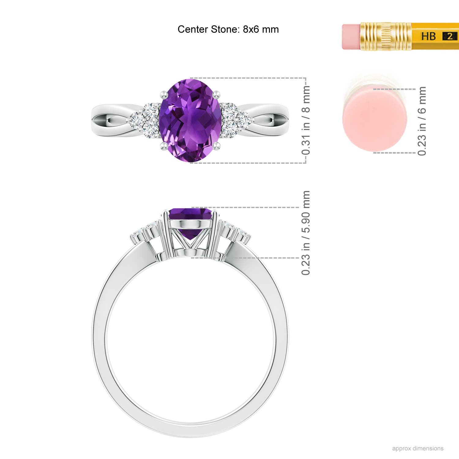 8x6mm AAAA Solitaire Oval Amethyst Split Shank Ring with Trio Diamonds in P950 Platinum - ruler