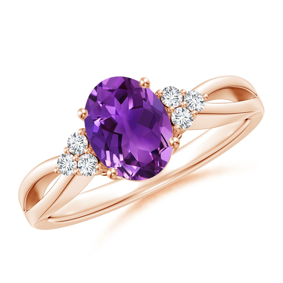 8x6mm AAAA Solitaire Oval Amethyst Split Shank Ring with Trio Diamonds in Rose Gold 