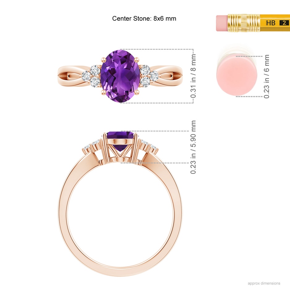 8x6mm AAAA Solitaire Oval Amethyst Split Shank Ring with Trio Diamonds in Rose Gold ruler