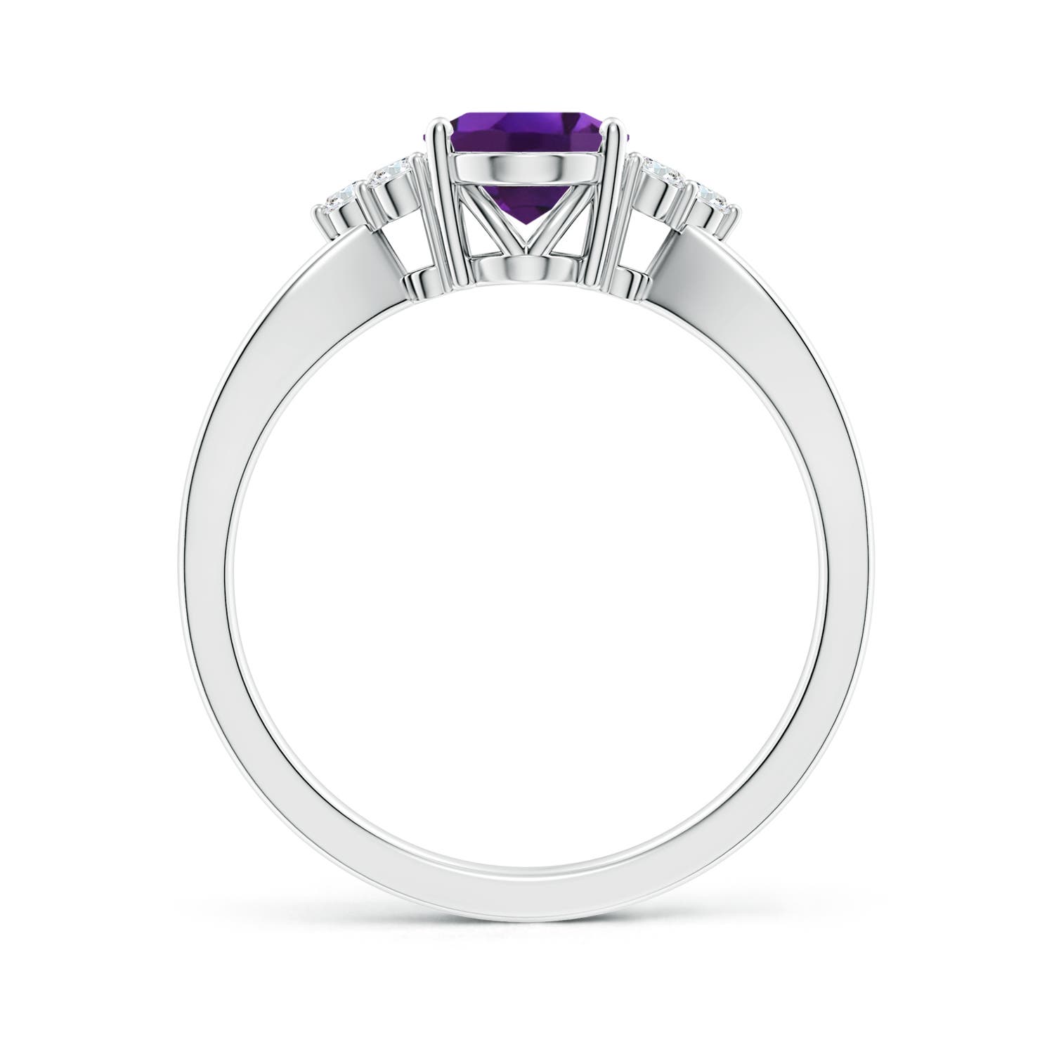 8x6mm AAAA Solitaire Oval Amethyst Split Shank Ring with Trio Diamonds in White Gold