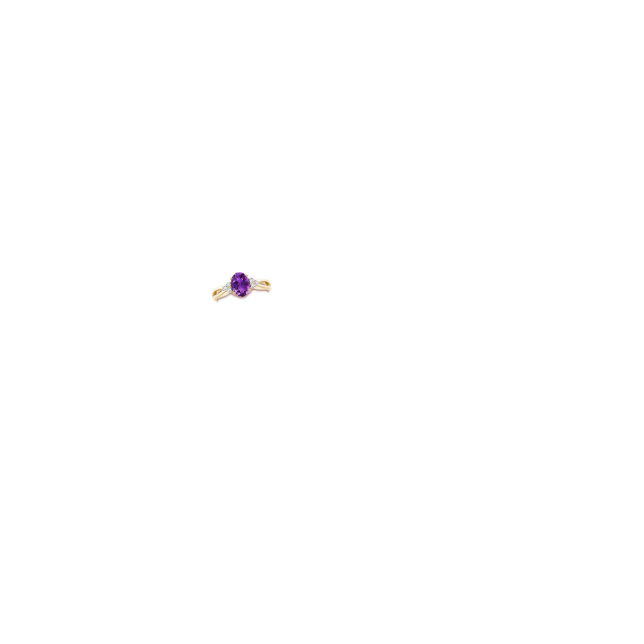 8x6mm AAAA Solitaire Oval Amethyst Split Shank Ring with Trio Diamonds in Yellow Gold hand