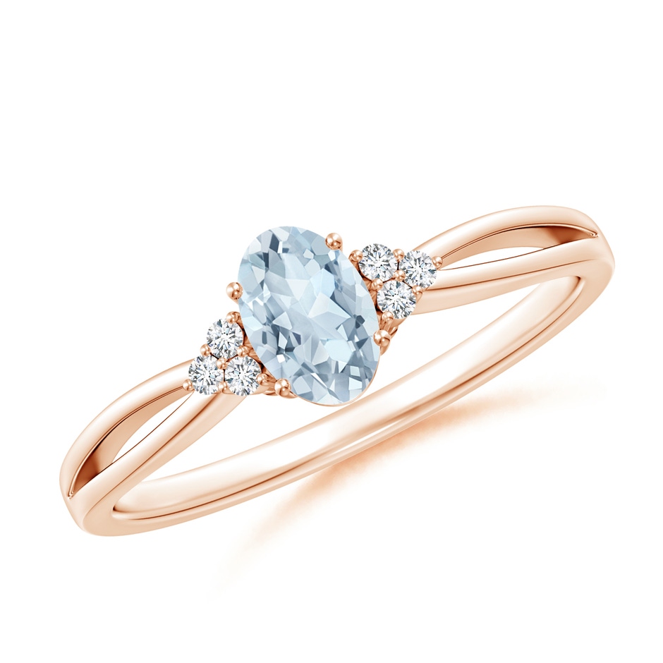 6x4mm A Solitaire Oval Aquamarine Split Shank Ring with Trio Diamonds in Rose Gold 