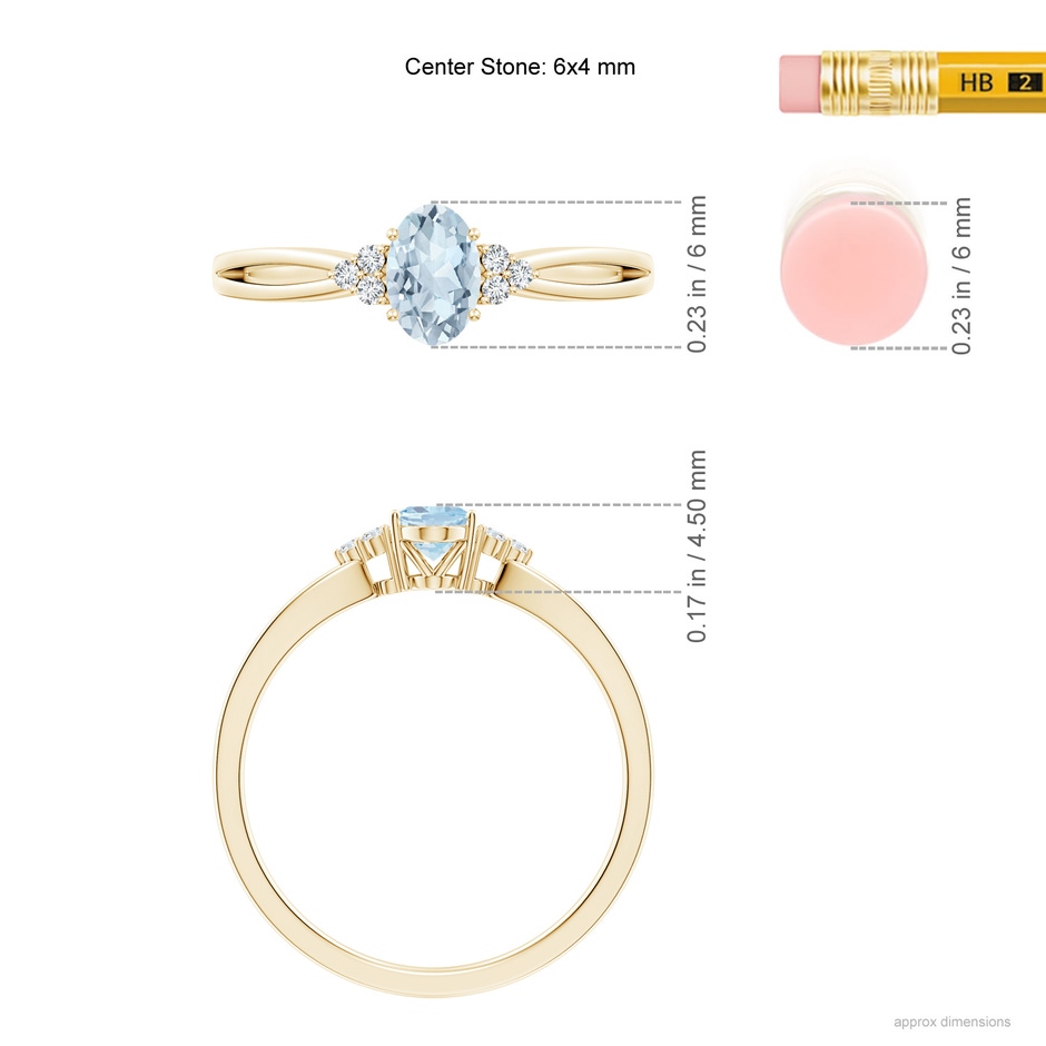 6x4mm A Solitaire Oval Aquamarine Split Shank Ring with Trio Diamonds in Yellow Gold ruler