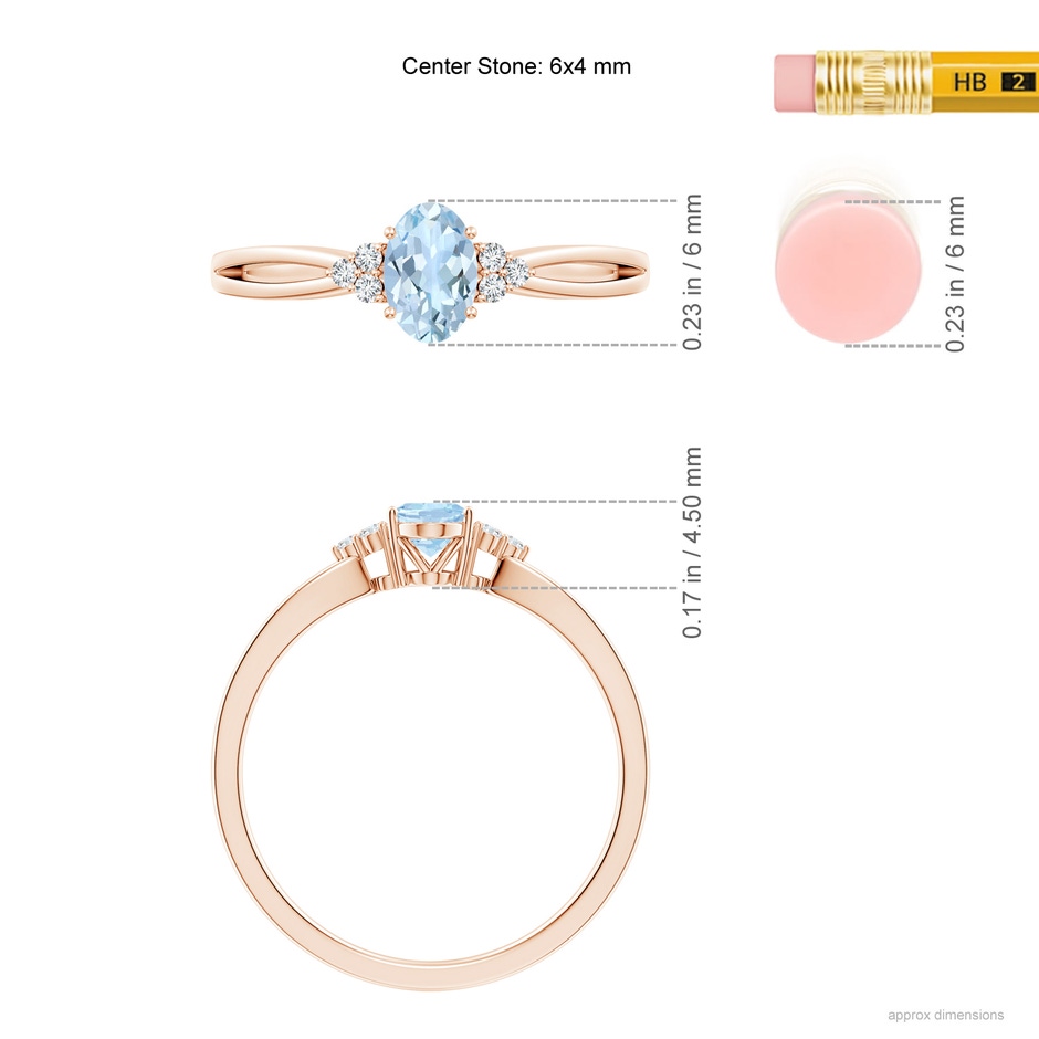 6x4mm AA Solitaire Oval Aquamarine Split Shank Ring with Trio Diamonds in Rose Gold ruler