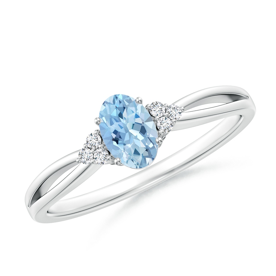 6x4mm AAA Solitaire Oval Aquamarine Split Shank Ring with Trio Diamonds in White Gold 