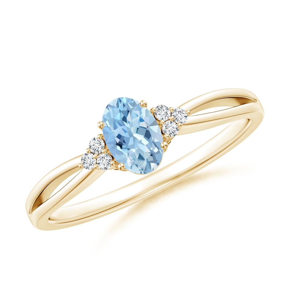 6x4mm AAA Solitaire Oval Aquamarine Split Shank Ring with Trio Diamonds in Yellow Gold 