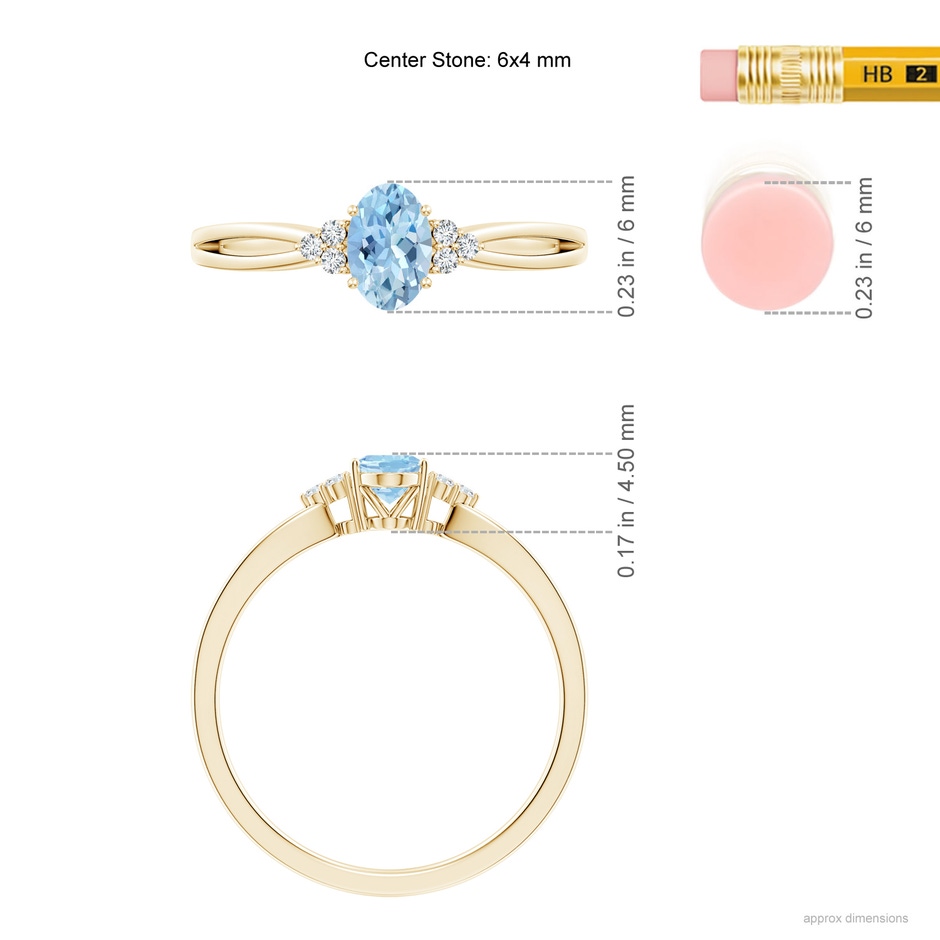 6x4mm AAA Solitaire Oval Aquamarine Split Shank Ring with Trio Diamonds in Yellow Gold ruler