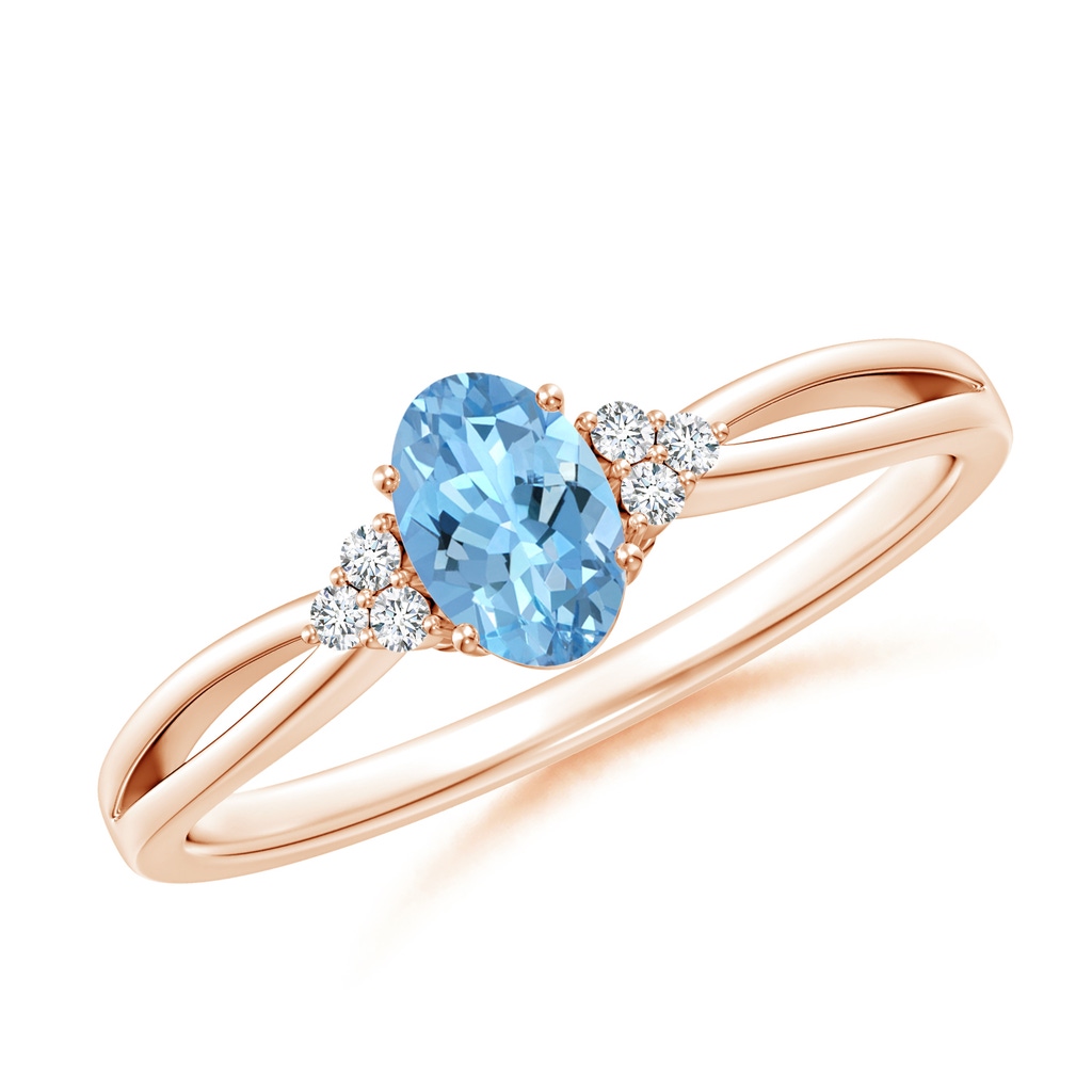 6x4mm AAAA Solitaire Oval Aquamarine Split Shank Ring with Trio Diamonds in Rose Gold