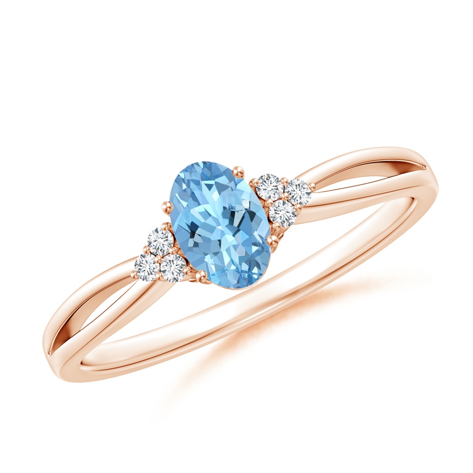 6x4mm AAAA Solitaire Oval Aquamarine Split Shank Ring with Trio Diamonds in Rose Gold 