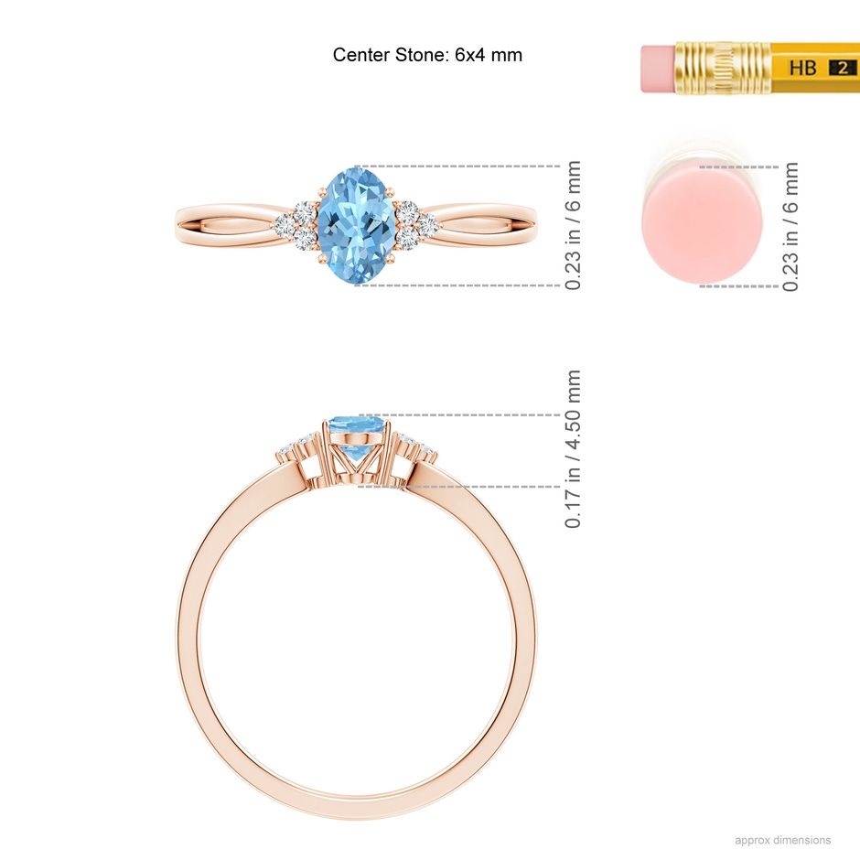 6x4mm AAAA Solitaire Oval Aquamarine Split Shank Ring with Trio Diamonds in Rose Gold ruler