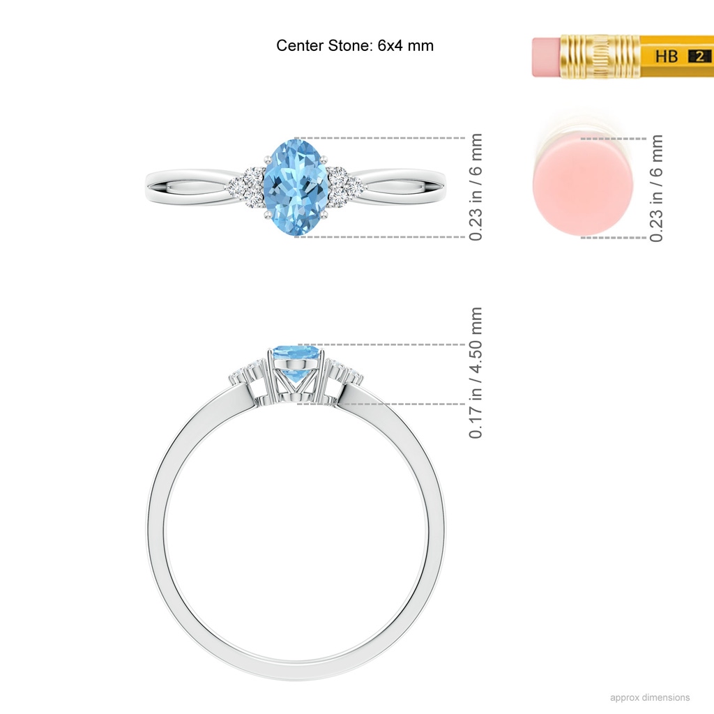 6x4mm AAAA Solitaire Oval Aquamarine Split Shank Ring with Trio Diamonds in White Gold ruler