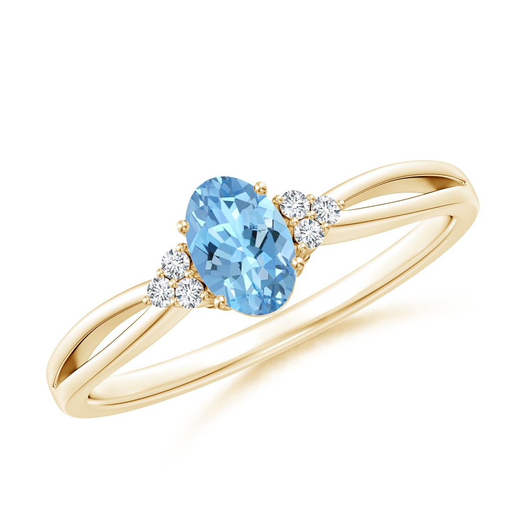 6x4mm AAAA Solitaire Oval Aquamarine Split Shank Ring with Trio Diamonds in Yellow Gold