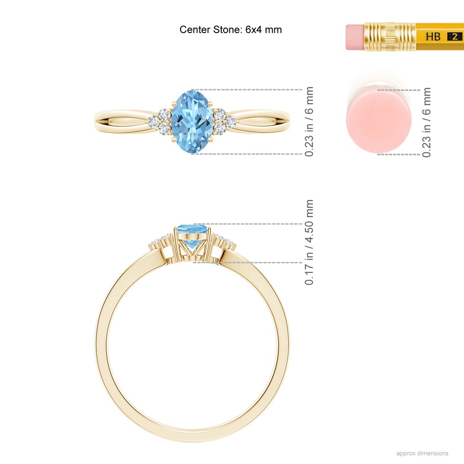 6x4mm AAAA Solitaire Oval Aquamarine Split Shank Ring with Trio Diamonds in Yellow Gold ruler