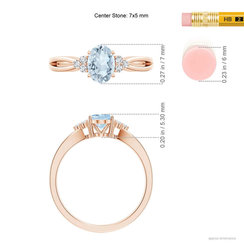 7x5mm A Solitaire Oval Aquamarine Split Shank Ring with Trio Diamonds in Rose Gold ruler
