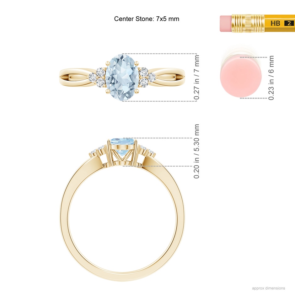 7x5mm A Solitaire Oval Aquamarine Split Shank Ring with Trio Diamonds in Yellow Gold ruler