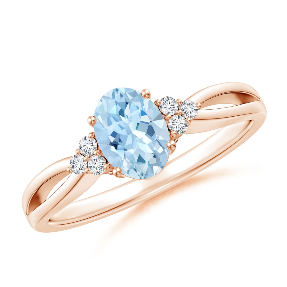7x5mm AAA Solitaire Oval Aquamarine Split Shank Ring with Trio Diamonds in Rose Gold 