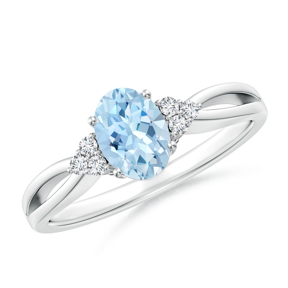 7x5mm AAA Solitaire Oval Aquamarine Split Shank Ring with Trio Diamonds in White Gold 