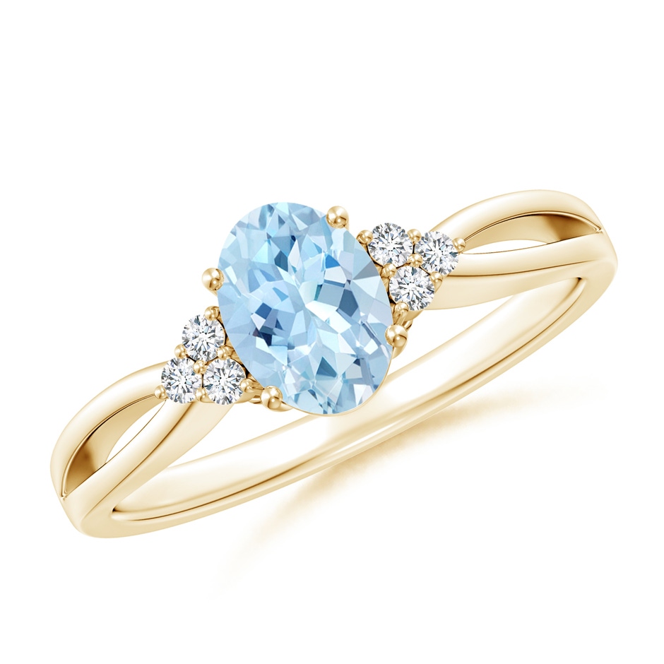 7x5mm AAA Solitaire Oval Aquamarine Split Shank Ring with Trio Diamonds in Yellow Gold 
