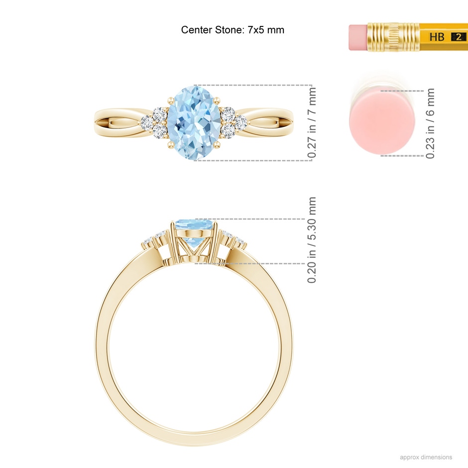 7x5mm AAA Solitaire Oval Aquamarine Split Shank Ring with Trio Diamonds in Yellow Gold ruler