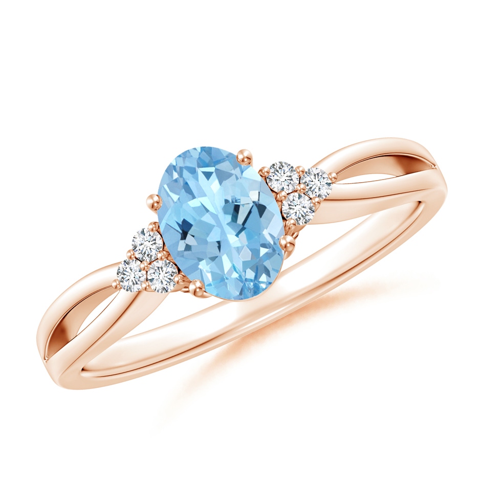 7x5mm AAAA Solitaire Oval Aquamarine Split Shank Ring with Trio Diamonds in Rose Gold 
