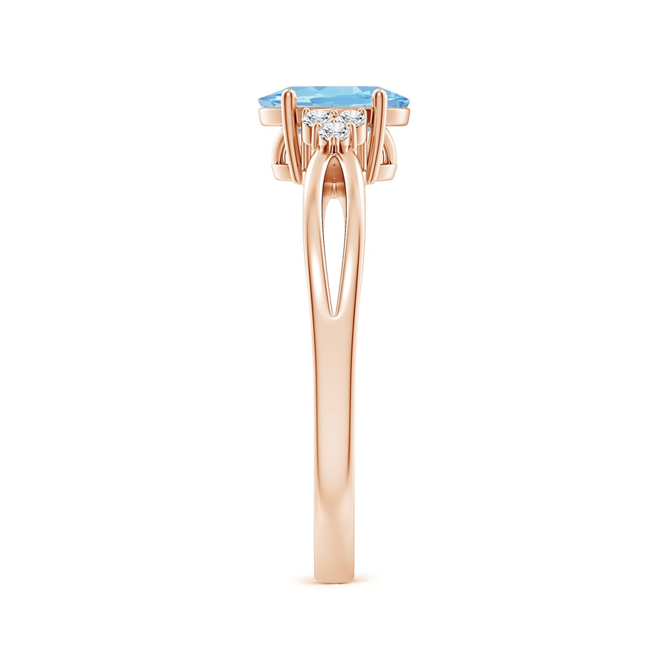7x5mm AAAA Solitaire Oval Aquamarine Split Shank Ring with Trio Diamonds in Rose Gold side 299