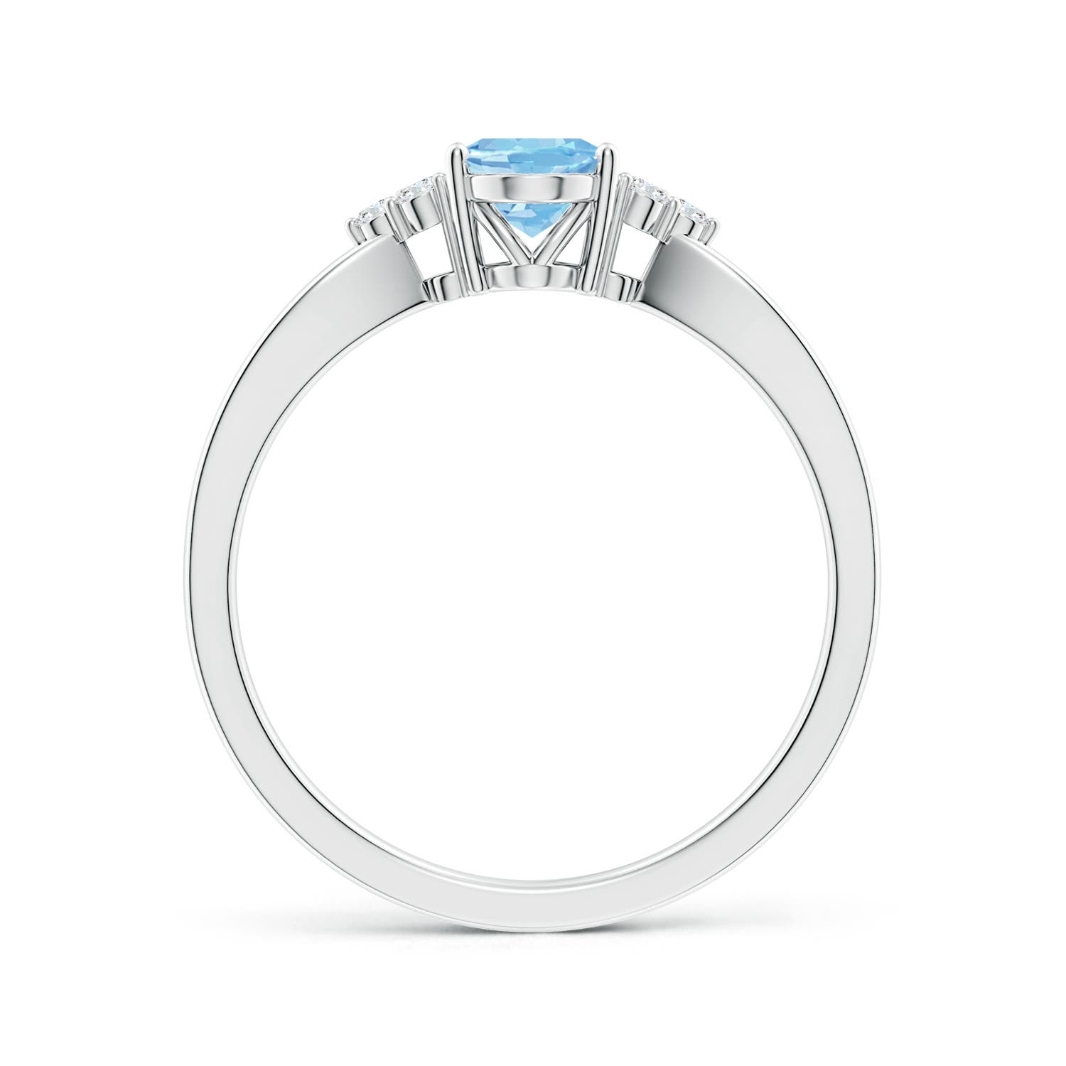 7x5mm AAAA Solitaire Oval Aquamarine Split Shank Ring with Trio Diamonds in White Gold - side 2