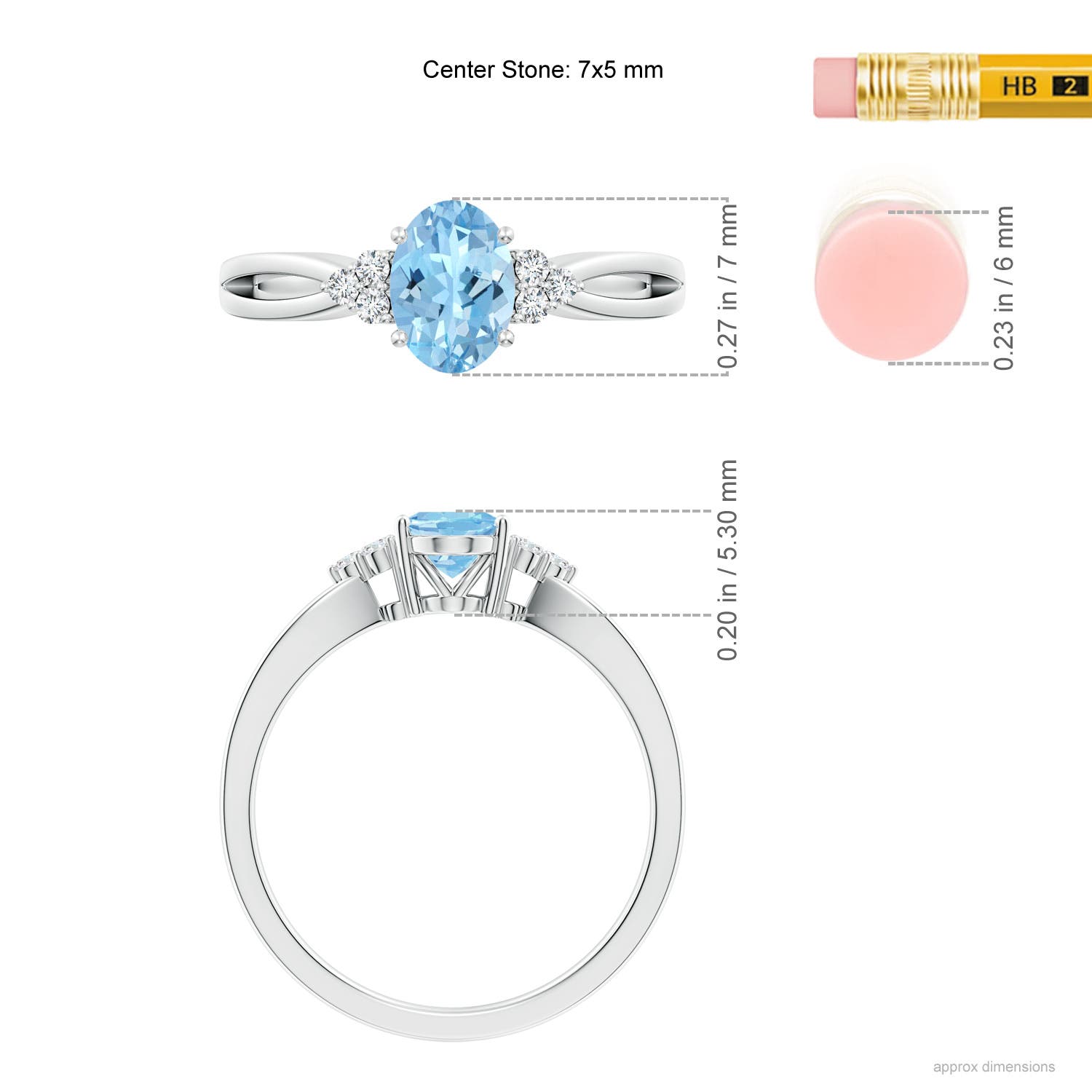 7x5mm AAAA Solitaire Oval Aquamarine Split Shank Ring with Trio Diamonds in White Gold - ruler