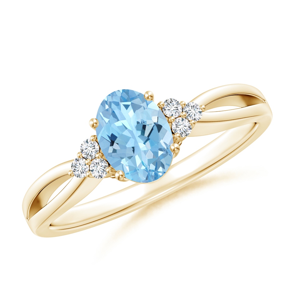 7x5mm AAAA Solitaire Oval Aquamarine Split Shank Ring with Trio Diamonds in Yellow Gold 