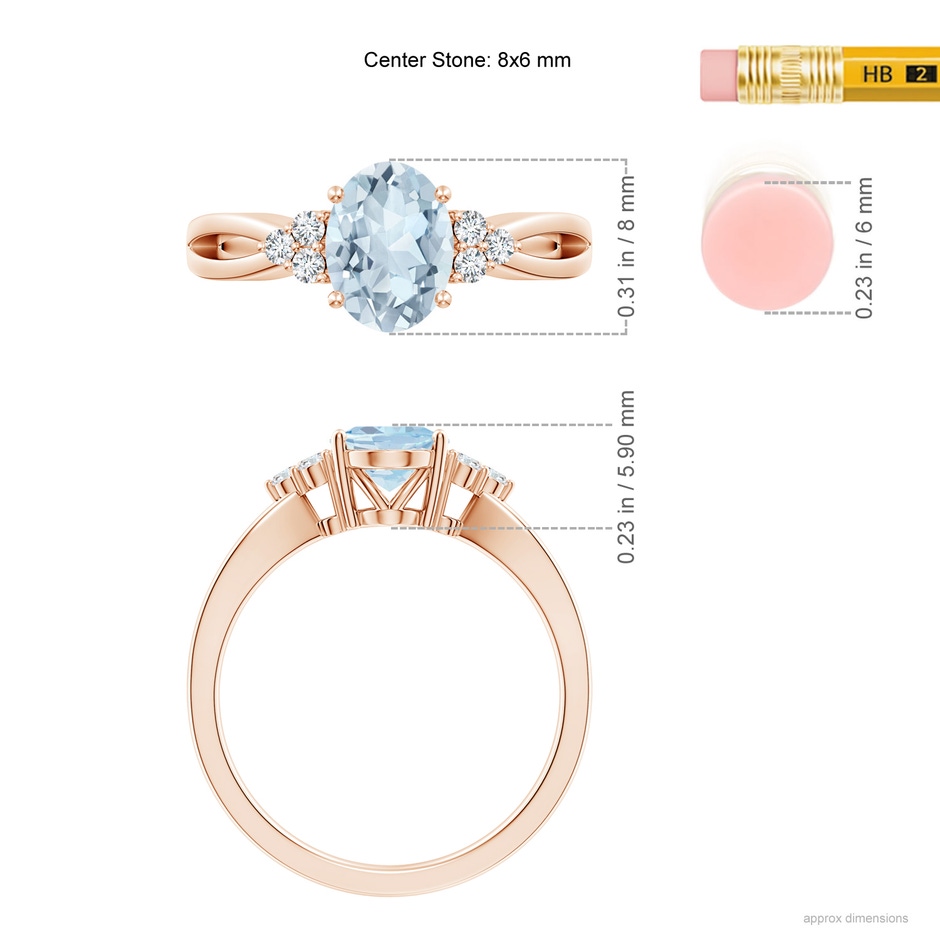 8x6mm A Solitaire Oval Aquamarine Split Shank Ring with Trio Diamonds in Rose Gold ruler