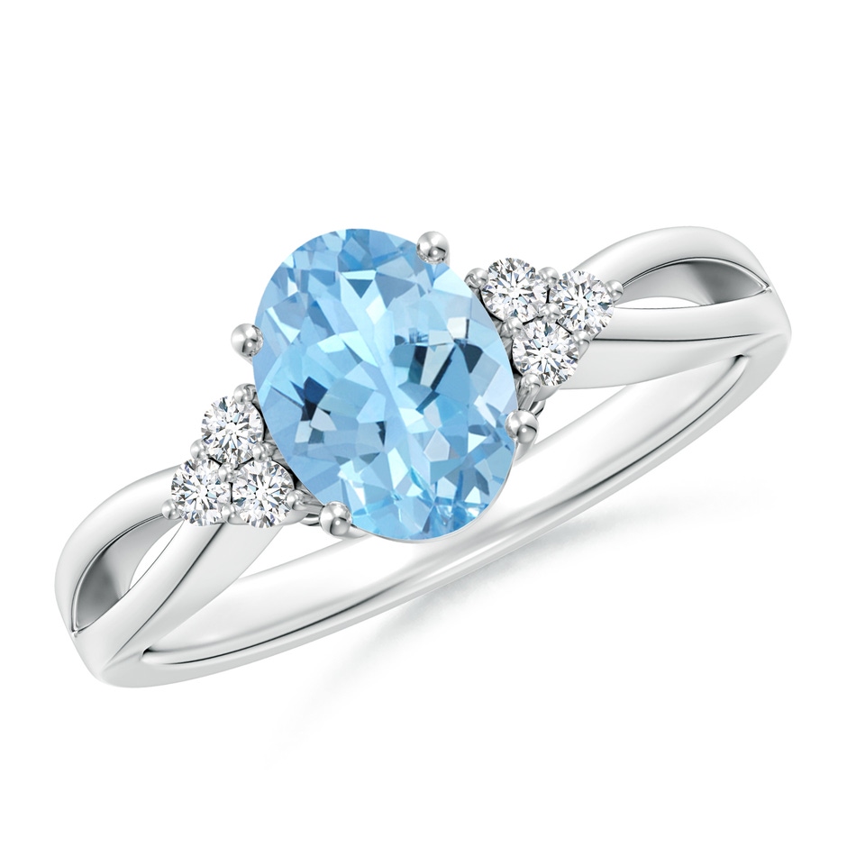 8x6mm AAAA Solitaire Oval Aquamarine Split Shank Ring with Trio Diamonds in P950 Platinum 