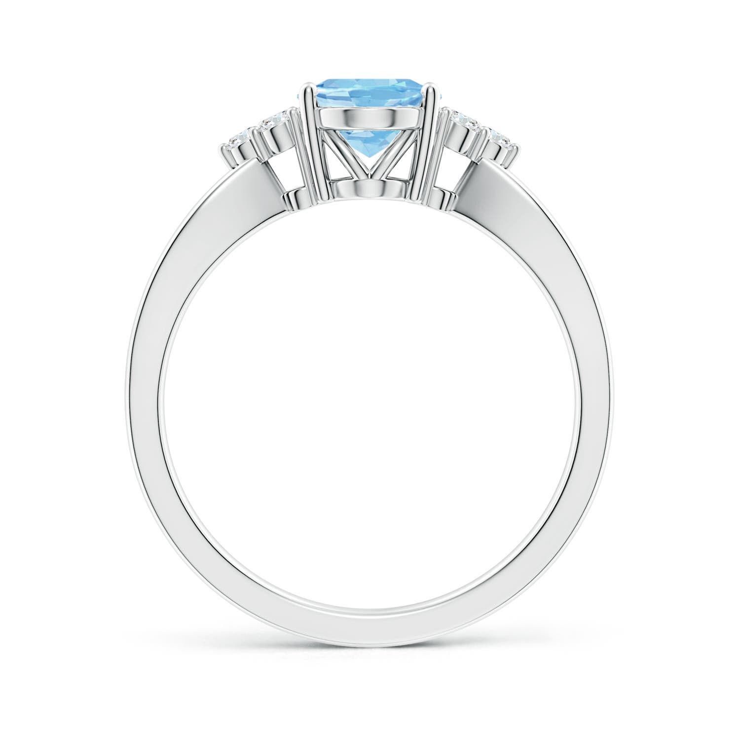8x6mm AAAA Solitaire Oval Aquamarine Split Shank Ring with Trio Diamonds in P950 Platinum