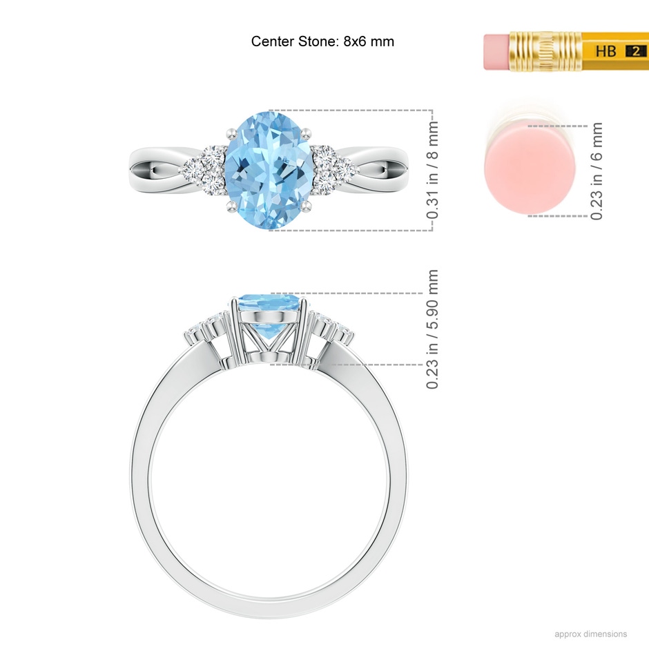 8x6mm AAAA Solitaire Oval Aquamarine Split Shank Ring with Trio Diamonds in P950 Platinum ruler