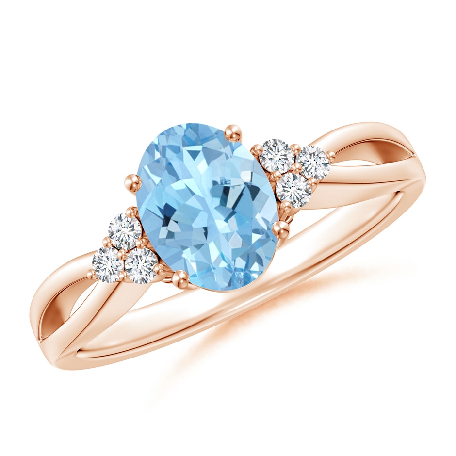 8x6mm AAAA Solitaire Oval Aquamarine Split Shank Ring with Trio Diamonds in Rose Gold 