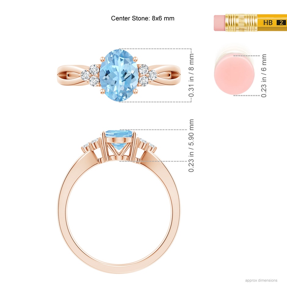 8x6mm AAAA Solitaire Oval Aquamarine Split Shank Ring with Trio Diamonds in Rose Gold ruler