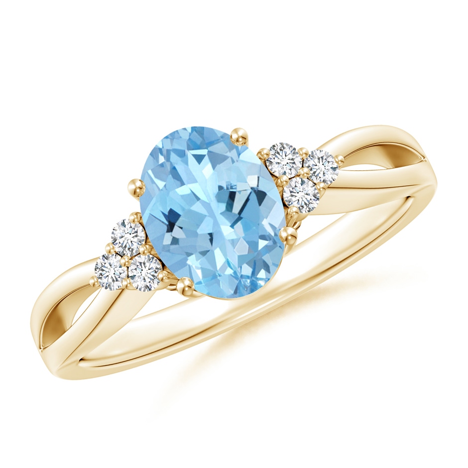 8x6mm AAAA Solitaire Oval Aquamarine Split Shank Ring with Trio Diamonds in Yellow Gold 