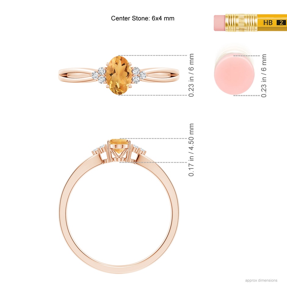 6x4mm A Solitaire Oval Citrine Split Shank Ring with Trio Diamonds in Rose Gold ruler