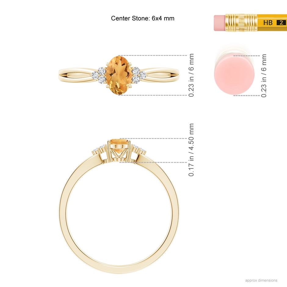 6x4mm A Solitaire Oval Citrine Split Shank Ring with Trio Diamonds in Yellow Gold ruler