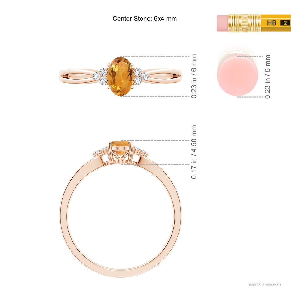 6x4mm AA Solitaire Oval Citrine Split Shank Ring with Trio Diamonds in Rose Gold ruler