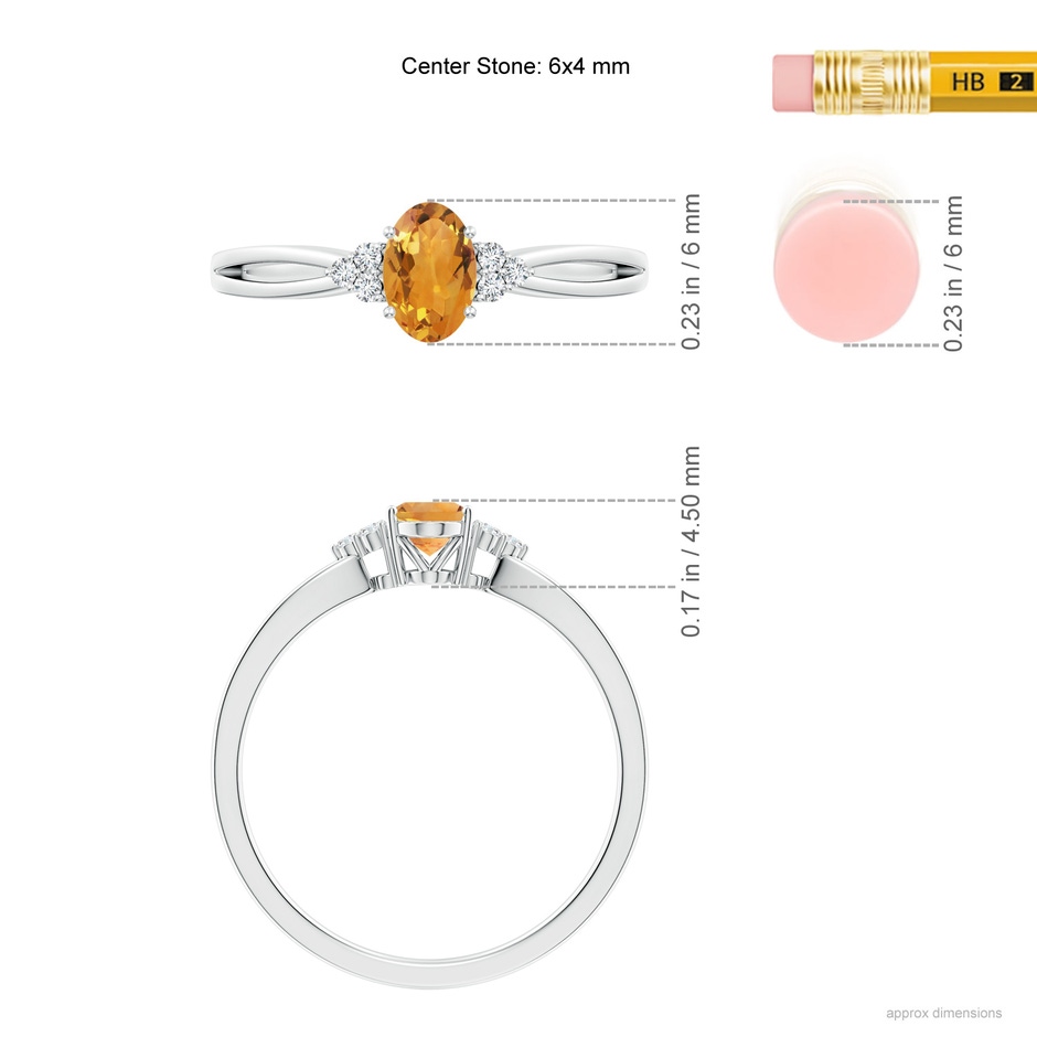 6x4mm AA Solitaire Oval Citrine Split Shank Ring with Trio Diamonds in White Gold ruler