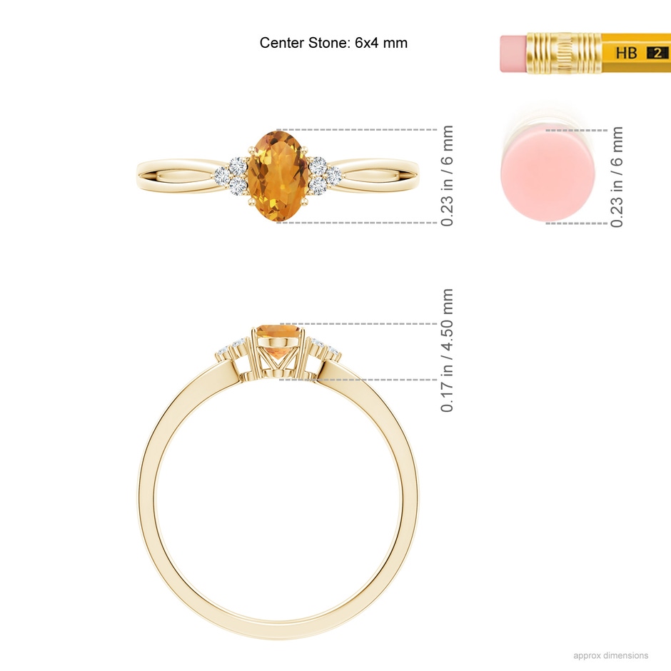6x4mm AA Solitaire Oval Citrine Split Shank Ring with Trio Diamonds in Yellow Gold ruler