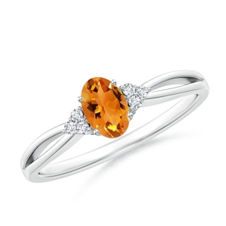 6x4mm AAA Solitaire Oval Citrine Split Shank Ring with Trio Diamonds in White Gold