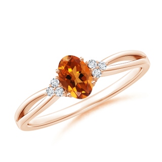 6x4mm AAAA Solitaire Oval Citrine Split Shank Ring with Trio Diamonds in 9K Rose Gold
