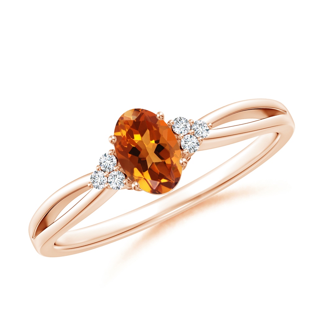 6x4mm AAAA Solitaire Oval Citrine Split Shank Ring with Trio Diamonds in Rose Gold