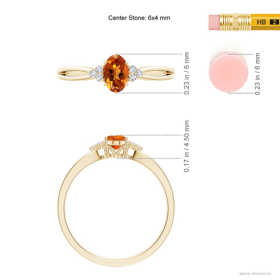 6x4mm AAAA Solitaire Oval Citrine Split Shank Ring with Trio Diamonds in Yellow Gold ruler