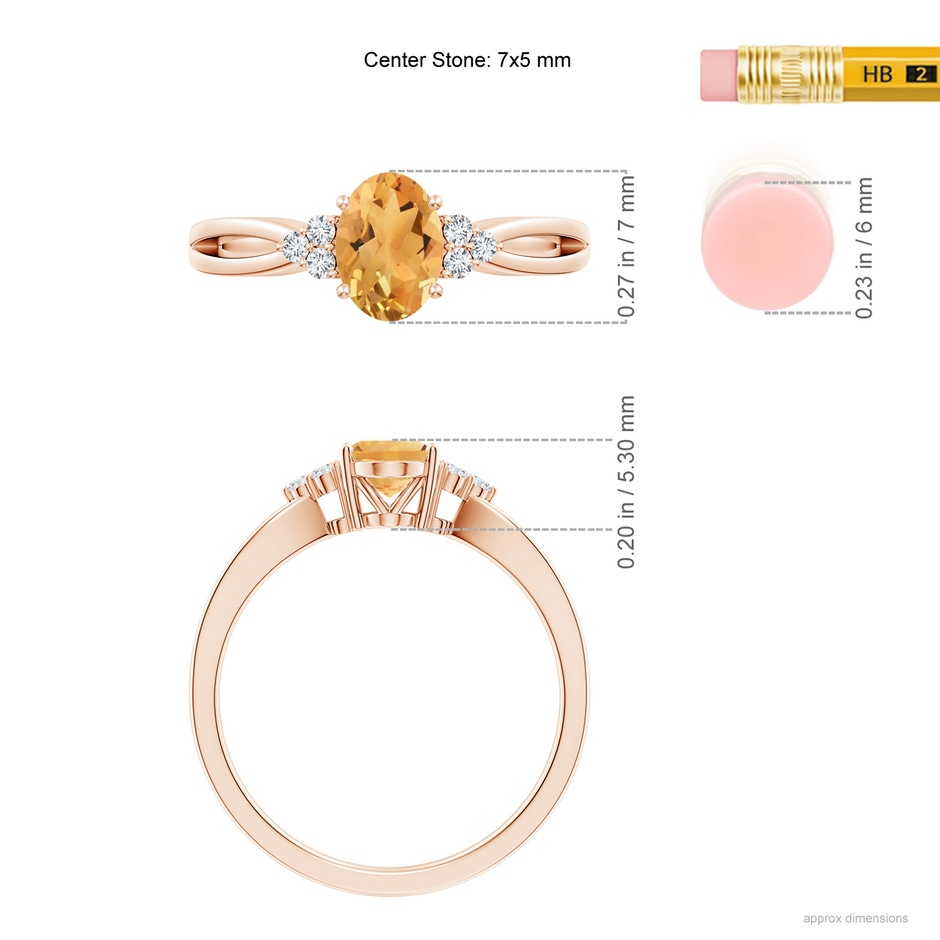 7x5mm A Solitaire Oval Citrine Split Shank Ring with Trio Diamonds in Rose Gold ruler