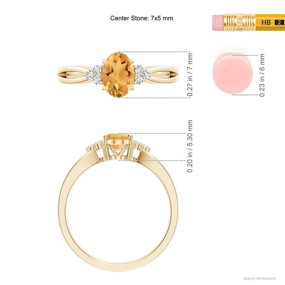 7x5mm A Solitaire Oval Citrine Split Shank Ring with Trio Diamonds in Yellow Gold ruler