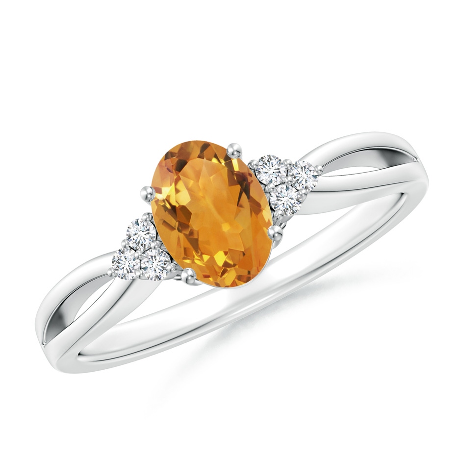 7x5mm AA Solitaire Oval Citrine Split Shank Ring with Trio Diamonds in White Gold 