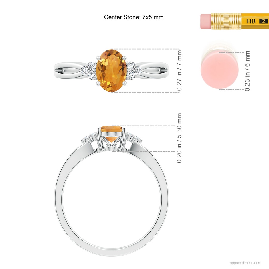 7x5mm AA Solitaire Oval Citrine Split Shank Ring with Trio Diamonds in White Gold ruler